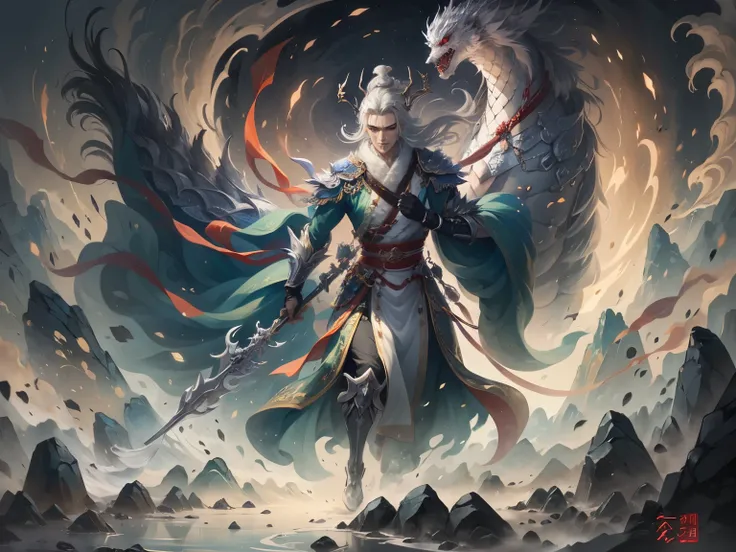 (Character face: 1.2), serious expression, open eyes, white horse silver spear, military general, behind the Chinese dragon phantom, white dragon