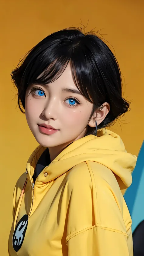 Turns every photo work art ,of a woman with long black hair and a pink shirt, she has a distant expression, semi realistic anime, in an anime style, semirealistic anime style, she has black hair, in anime style, (blue eyes:1.3), blunt bangs ,Uzumaki Himawa...