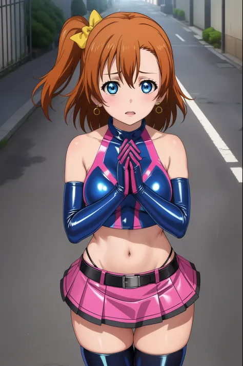 masterpiece, best quality,8k wallpaper, blue eyes,cowboy shot,kousaka honoka, (pink tight crop top), halter neck,breasts , elbow gloves, (pink latex skirt),mini skirt ,in street , solo, (standing:0.8), earrings, posing , crotch , own hands together,begging...