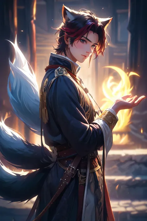 ((mejor calidad)), Create a half-fox hybrid young man with fox features and tail for a DND roleplaying game as a cleric, con orejas y nariz de zorro, piel muy blanca y cabello rojo, con un baculo en la mano, mirando al frente