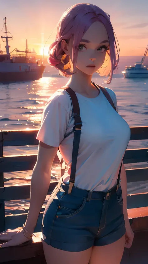 Shorts and suspenders, a tight-fitting T-shirt, pink hair, a beautiful woman with 8 heads, a bright sunset against the background of the sea visible from the port, high image quality, high definition, a masterpiece, artistic composition, bright subject