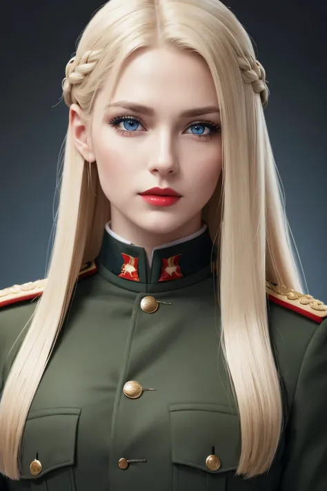 German military uniform with Wear barrette , a woman with a muscular body with very longest blonde hair, blue eyes and red lips, perfect realistic style.