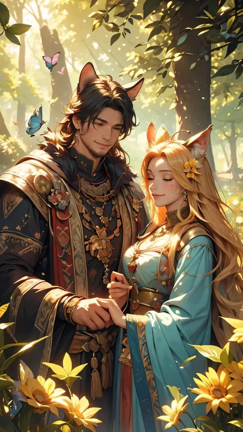 (best quality,4k,highres,masterpiece:1.2), realistic, vibrant colors, detailed, fantasy, beastman couple man and woman, woman with animal ears, man beastmen with animal ears, both wearing medieval garments, both smiling, wide grassland view, magical atmosp...