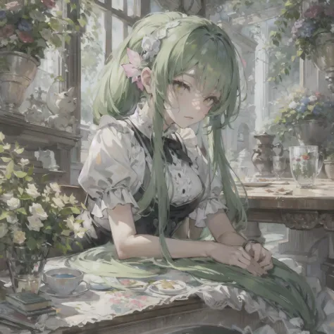 perfect anatomy, masterpiece:1.4, best quality, 8k, beautiful detailed grow, (sad style) (solo:1.3 ponytail green hair long hair cute girl, 15 yo, half closed yellow eyes, sad face), break, (in a detailed maid clothes), Lying on the table, in the enchanted...