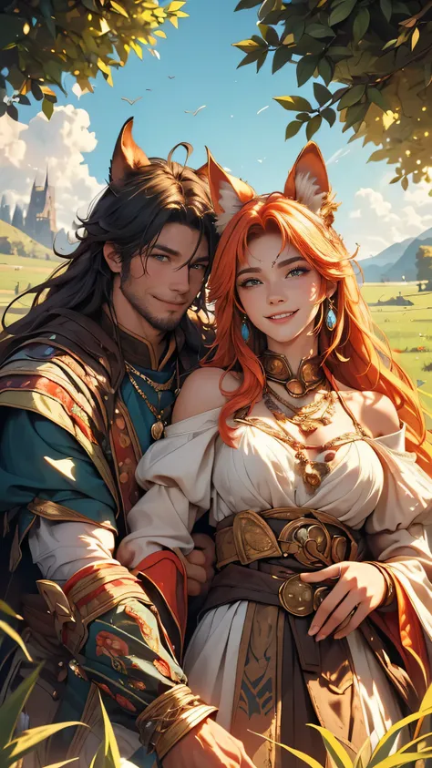 (best quality,4k,highres,masterpiece:1.2), realistic, vibrant colors, detailed, fantasy, beastman couple man and woman, woman with animal ears, man beastmen with animal ears, both wearing medieval garments, both smiling, wide grassland view, peaceful harmo...