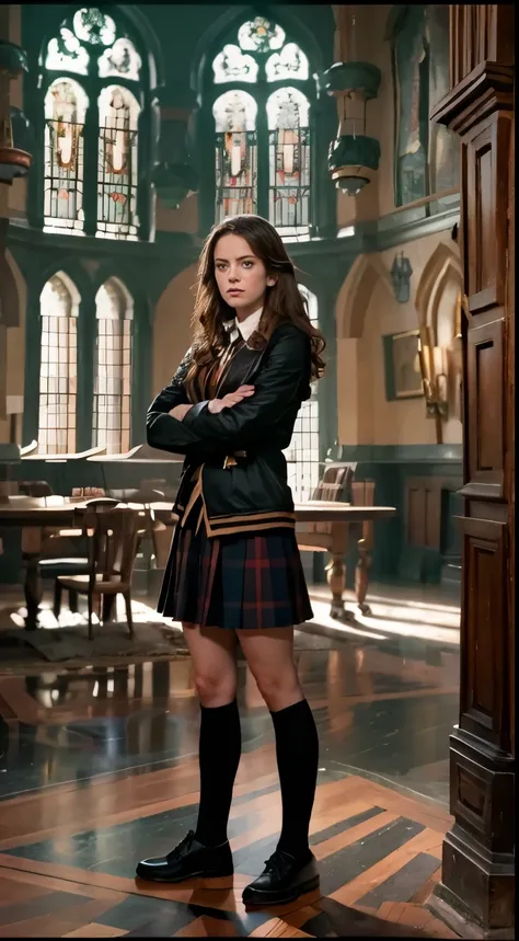 a woman in a black skirt and jacket standing in front of gryffindor common room, inspired by hermione, hermione granger, magic ,...