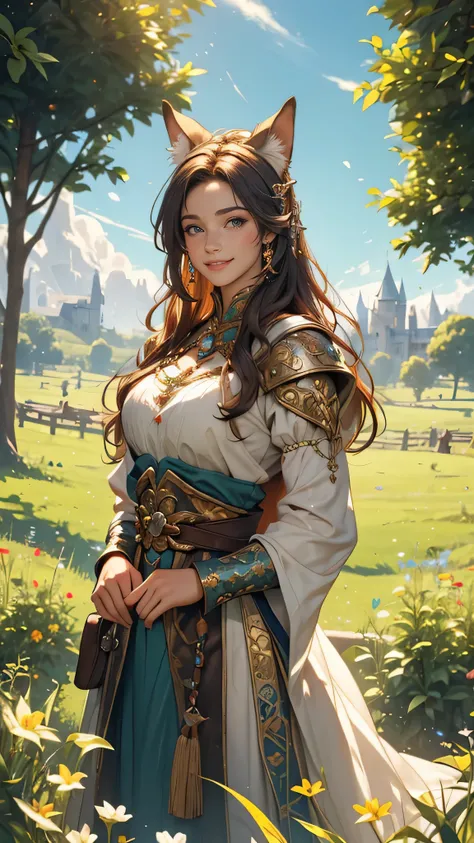 (best quality,4k,highres,masterpiece:1.2), realistic, vibrant colors, detailed, fantasy, woman with animal ears, wearing medieval garments, both smiling, wide grassland view, magical atmosphere,