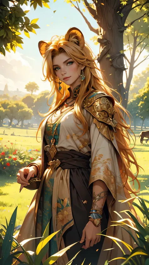 (best quality,highres),detailed human lion ,grassland view, fantasy, vibrant color