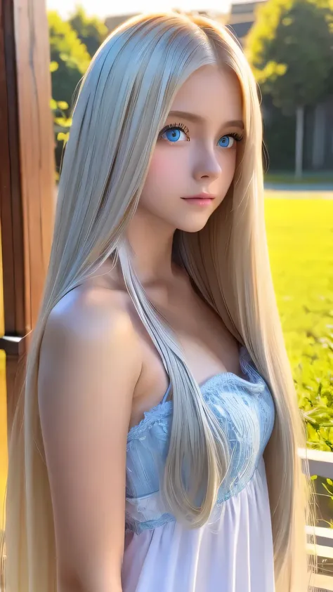 very beautiful, bright, large light blue eyes、very big eyes、super long and beautiful platinum blonde hair、super long straight ha...