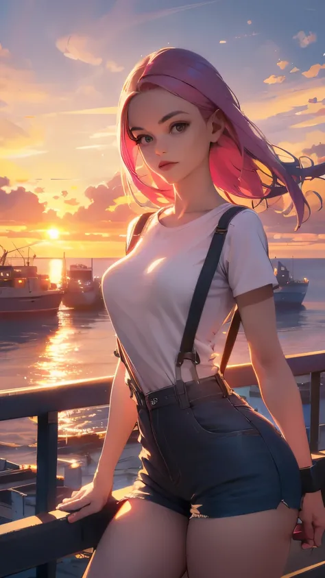 Shorts and suspenders, a tight-fitting T-shirt, pink hair, a beautiful woman with eight heads, a bright sunset against the background of the sea seen from the port, high image quality, high definition, a masterpiece, artistic composition, brightly illumina...