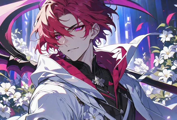 solo, handsome, 1 male, white coat, short hair, red hair, magenta eyes, black light, red scythe, white flower