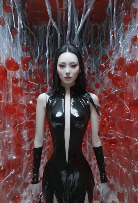 (masterpiece, best quality:1.2), 1 beautiful chinese girl, solo，smill，fullbody shoot，helllady，((Best quality)), ((Masterpiece)), ((Realistic))，axial symmetry:2, magnificent bloody hell background in scarlet style，white mixed latex，sexy，eye shadow，cruel