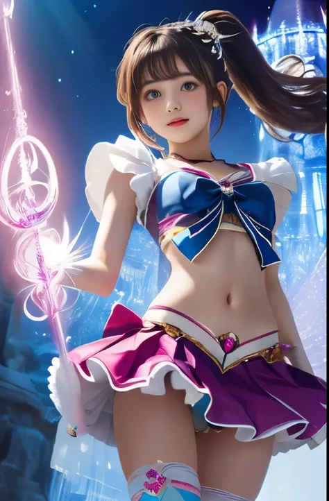 highest quality,Photo quality,Ultra high resolution quality,Professional Lighting,(13 years old),Beautiful actress,Healthy complexion,(Magical girl:1.3),ponytail,Composition viewed from below,Natural Makeup,(navel),Sexy Costumes,mini skirt,Panty shot