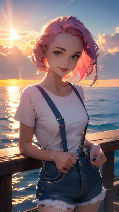 shorts and suspenders, a tight-fitting t-shirt, pink hair, a beautiful woman with 8 heads, a bright morning sun in the backgroun...