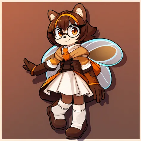 Female, round glasses, brown fur, orange eyes, bee, bangs, pink and brown color scheme