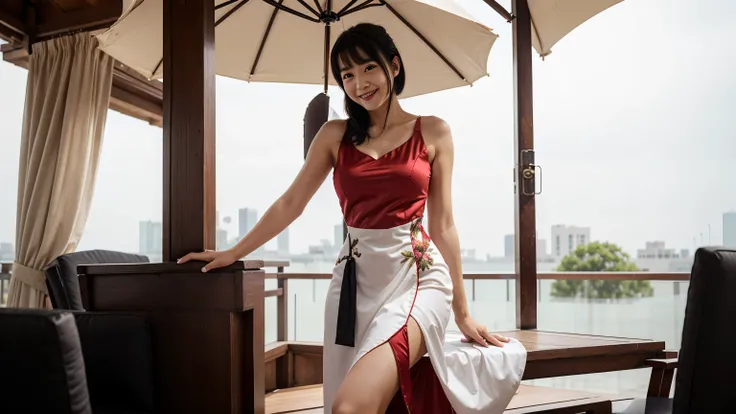 Red chinese dress, 1girl, solo, black hair, short hair, upper body, smile, parasol, mature female,