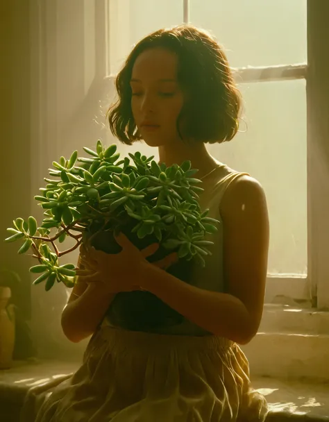 Enter the world of cinema with this prompt featuring a photography capturing the iconic scene from "Leon: The Professional" where the young female protagonist cradles a succulent jade plant in her arms. The warm glow of sunlight bathes the scene, highlight...