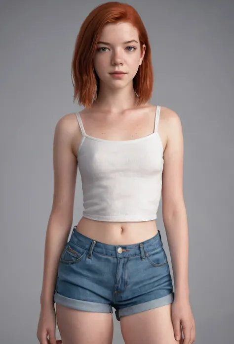 Full body view】red head, post-coital, High schooler, anya taylor joy with a flat chest, very , 18 years old, very horny, very small breasts, a cup breasts, ana saia from tiktok, freckles, wearing cut-off jean shorts that are very shor, photorealistic europ...