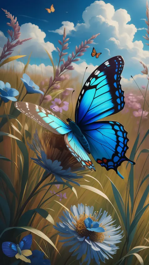 butterfly in the grass with blue flowers and a blue sky, harmony of butterfly, beautiful digital painting, beautiful digital artwork, butterfly, beautiful digital art, beautiful gorgeous digital art, detailed painting 4 k, highly detailed digital painting,...