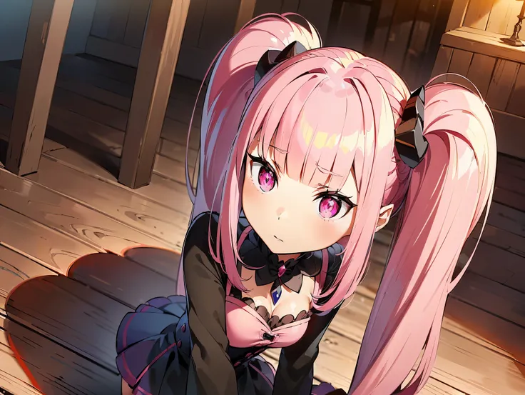 concept art, ((cg)), ((yandere)), ((((pink twintails)))), lolita, ((((pink hair)))), ((horns)), (((red eyes))), (((blunt bangs))...