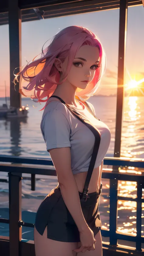 a miniskirt with suspenders, a tight-fitting t-shirt, pink hair, a beautiful woman with eight heads, a bright morning sun in the...