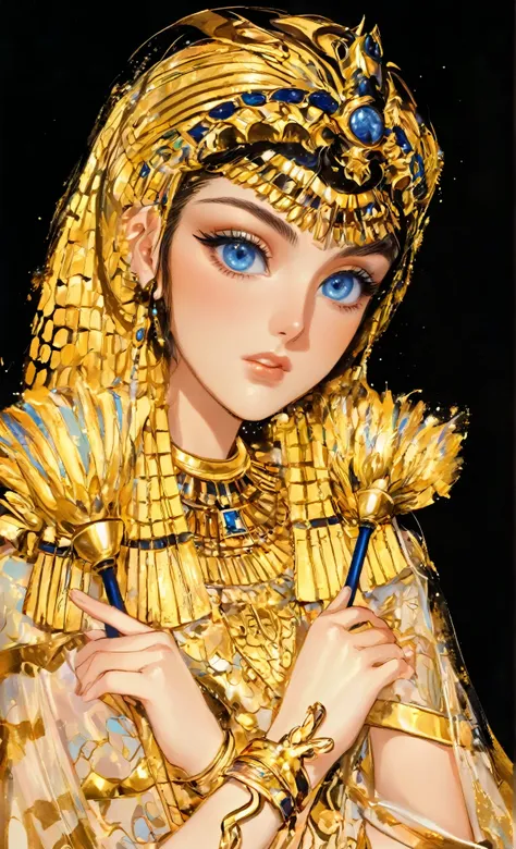 Photos of the Pharaoh Queen,Illustration with gold details in the style of James Jean and Hajime Sorayama,(A beautiful young American girl worships God),(Hands holding the Egyptian staff),head、Gold jewellery around neck and arms,((blue eyes:1.55)),((金色head...