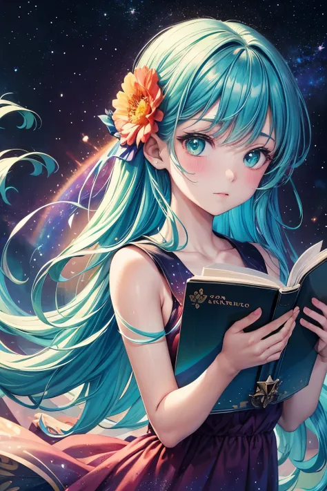 (best quality, masterpiece), hot 1girl, reading a book, particle, wind, flower, upper body, simple background, looking at viewer, rainbow colored hair, teal short floating dress, cosmic, nebulas, galaxy, nsfw