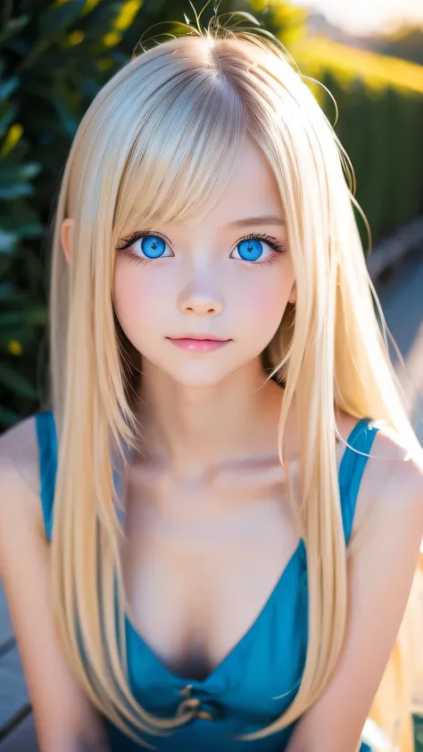 Very beautiful, bright, large light blue eyes、Very big eyes、Super long and beautiful platinum blonde hair、Super long straight hair、Silky Hair、long bangs over the eyes、Very beautiful face, Young and shiny white skin、Very beautiful appearance、Beautiful and c...