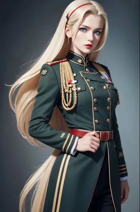 German military uniform with Wear barrette , a woman with a muscular body with very longest blonde hair, blue eyes and red lips, perfect realistic style.