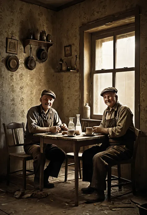 (((a miner at his evening meal with his wife))), ((( worker class laborer old and dirty outfit))) (((a small dining room with cl...