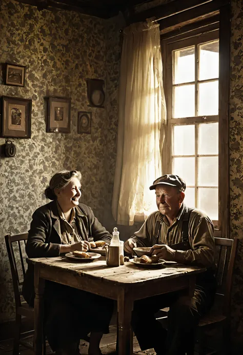 (((a miner at his evening meal with his wife))), ((( worker class laborer old and dirty outfit))) (((a small dining room with cl...