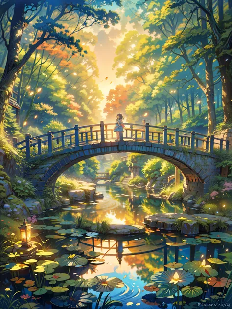 a painting of a bridge over a pond, whimsical fantasy landscape art, romantic storybook fantasy, dream scenery art, magical forest with fireflies, anime scenery, beautiful fantasy painting, fairytale artwork, fairytale painting, cozy night fireflies, anime...