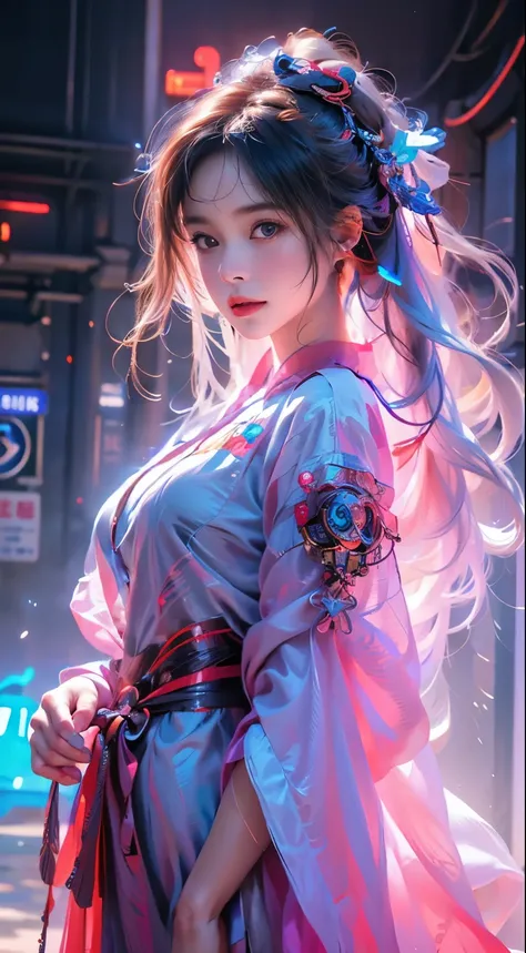 1 girl solo, perfect_hand, (8k, RAW photo, best quality, masterpiece:1.2), (realistic, photo-realistic:1.4), (extremely detailed CG unity 8k wallpaper),full body, (neon lights), machop, mechanical arms, hanfu, Chinese clothes, dress,