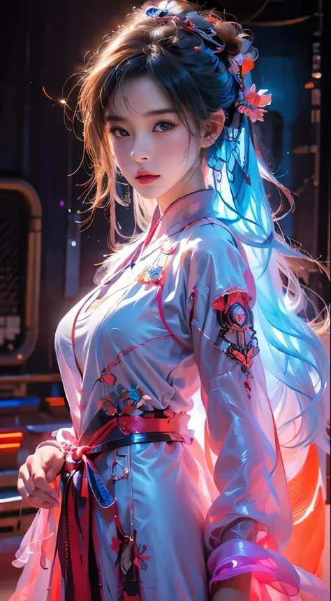 1 girl solo, perfect_hand, (8k, RAW photo, best quality, masterpiece:1.2), (realistic, photo-realistic:1.4), (extremely detailed CG unity 8k wallpaper),full body, (neon lights), machop, mechanical arms, hanfu, Chinese clothes, dress,
