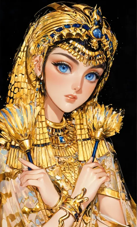 Photos of the Pharaoh Queen,Illustration with gold details in the style of James Jean and Hajime Sorayama,(A beautiful young American girl worships God),(Hands holding the Egyptian staff),head、Gold jewellery around neck and arms,((blue eyes:1.55)),((Blonde...