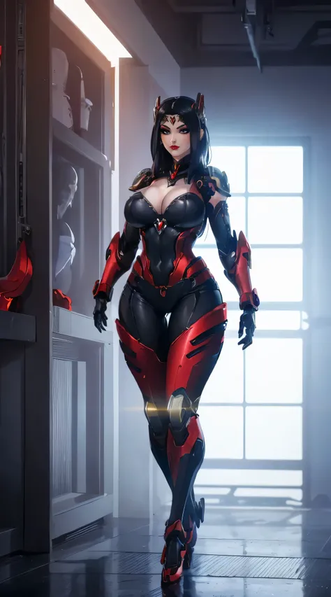 (1 Girl,Solitary:2), (Super detailed face), (( (Sagging breasts、Cleavage, cleveage、Thick thighs)), Perfect body, )), (Cleavage Top:1.5), (11-wire ABS female:1.4), (Mechanical arm guards:1.4), ((Wearing red mecha overwatch shiny armor suit short top, Black ...