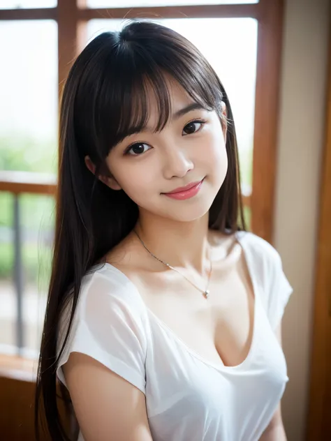 Best-quality, Masterpiece, Ultra-High-Resolution, (Photorealistic:1.4), Raw-Photo, depth of field, professional-lighting, 1girl, the most famous Japanese idol, ((wearing loose fitting T-shirt with deep neckline, (leaning forward a lot))), (extremely cute f...