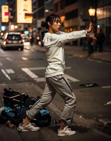 Young man wearing white hoodie standing on city street, black sweatpants, streetwearfashion, night