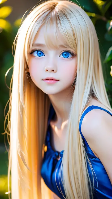 Very beautiful, bright, large light blue eyes、Very big eyes、Super long, super beautiful, bright blonde hair、Super long straight hair、Silky Hair、long bangs over the eyes、Very beautiful face, Young and shiny white skin、Very beautiful appearance、Beautiful and...
