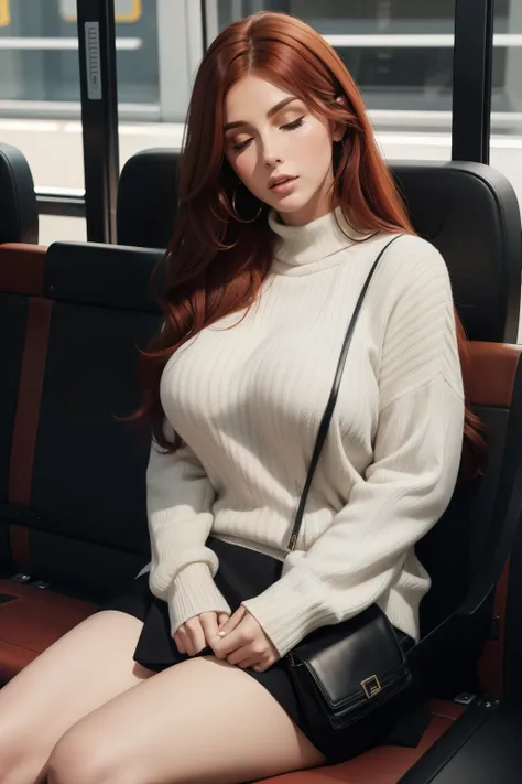 1 beautiful woman, adult, large body, red hair, outlined eyelids, made-up eyelids, black dress, white sweater, neckline, white boots, black bag, sleeping sitting on the bus, mouth open, eyes closed, Lucy Pinder