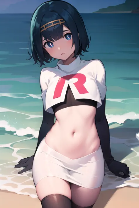 pokemonlana, pokemonlana, blue eyes, blue hair, freckles, hairband, short hair, white pupils, yellow hairband, (bright pupils:1.5),
BREAK team rocket,team rocket uniform,white skirt,red letter R,crop top,black thigh-highs,
BREAK looking at viewer,
BREAK ou...