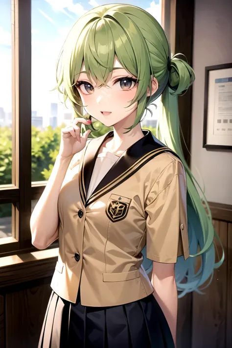 Chica anime con cabello azul, ojos verdes, with japanese uniform 