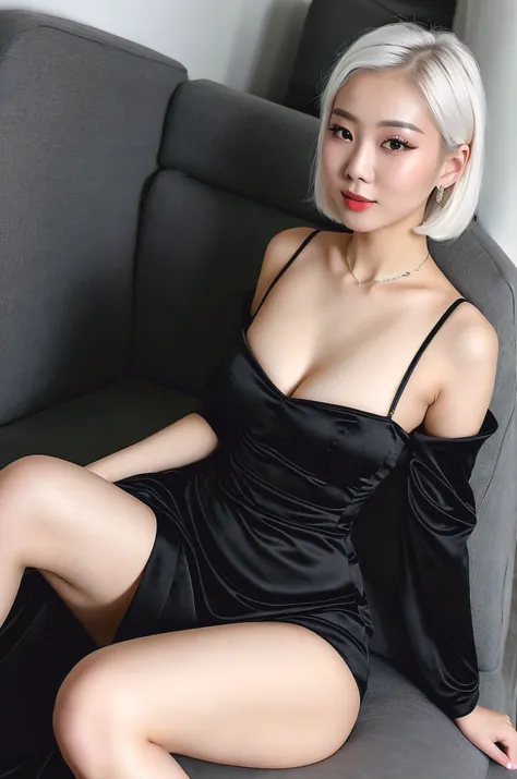 (masterpiece, best quality 4k ), 1girl, Chinese real woman white hair 21 years old in sexy black dress