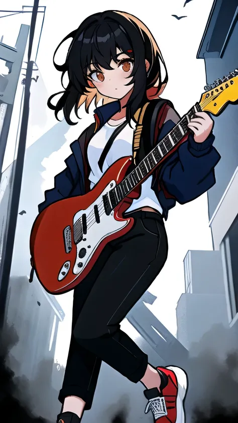 A girl, dark blue jacket, white shirt, black pants, red white and black air Jordan shoes, black hair, golden eyes, guitar backpacker, teenager 