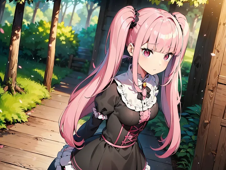 ((Yandere)), ((((pink twintails)))), Lolita, ((((long pink hair)))), ((((,Wearing a black Lolita dress full of ruffles)))), (((red eyes))), (((blunt bangs))), ((twintails)), desleixada, ((melhor qualidade)), ((obra de arte)), (detalhado), rosto perfeito, (...