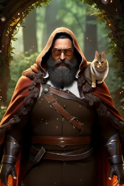 Personaje de videojuego con forma humana con el superpoder de la fuerza de las tenazas de un cangrejo y la agilidad de un gato, debe tener lentes y barba y ser joven adulto, la imagen debe ser de cuerpo completo