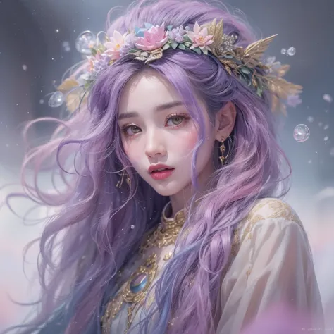 (((Single eyelid)))Snow hoop exclusion area 32K(tmasterpiece,k hd,hyper HD,32K)Long flowing purple-pink hair,Autumn Pond,zydink, a color, Tongzhou people (Girl with glowing eyes), (Thin silk scarf), Side squat position, looking at the ground, long whitr ha...