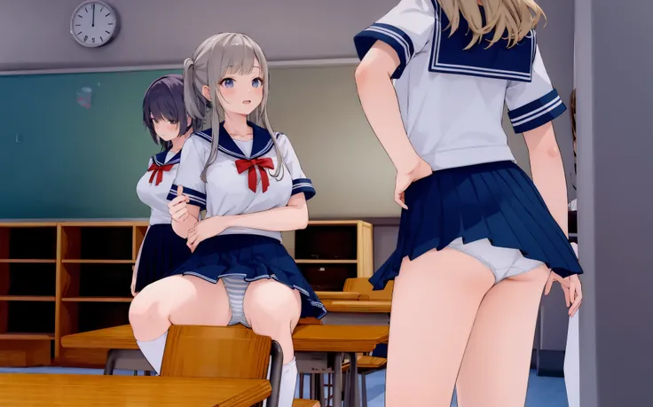 ecchi anime style, ecchi style, azur lane style, visual novel key visual, anime girls in underwear posing for a picture with a pink background, three girls in school uniforms standing in a library, ecchi anime style, hololive, ecchi, in clothes! highly det...