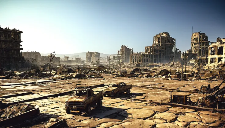 best quality, Nuclear wasteland, ruins of a city, desert, realistic photography, elaborate details