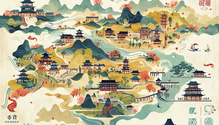 chinese style, chinese town， cute cartoon map, light colors, swallows, rivers, trees, ancient buildings, kite flyers